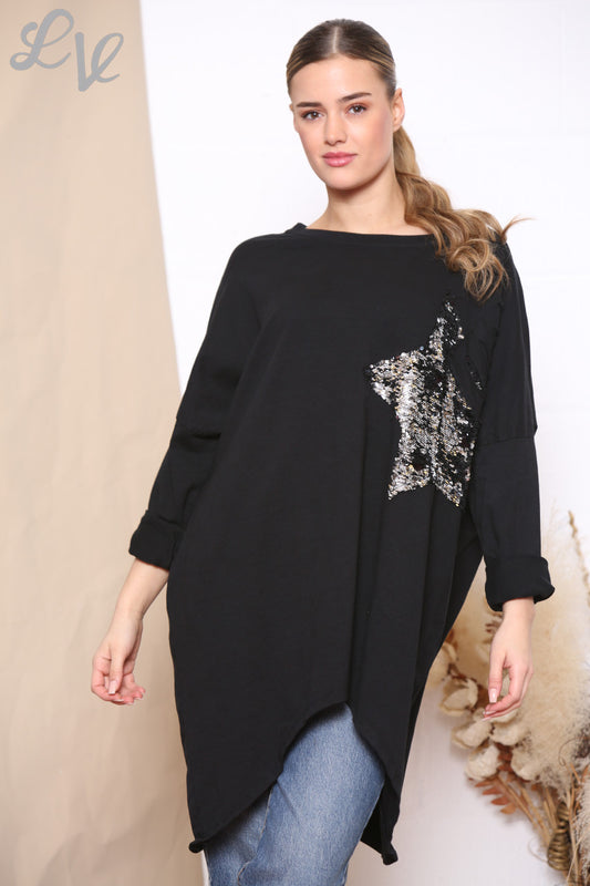 Dames Pailletten Ster Patch Sweatshirt Top Zwart