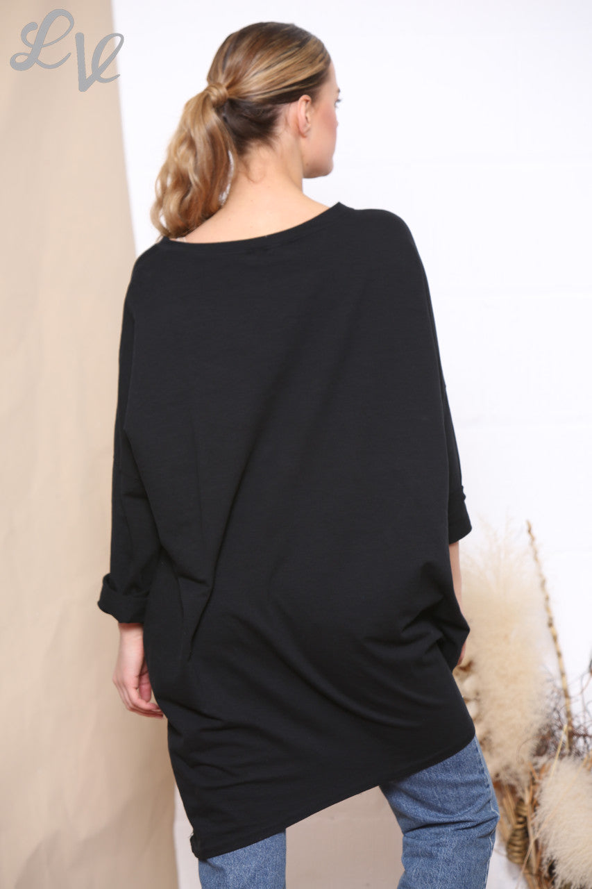 Ladies Sequin Star Patch Sweatshirt Top Black