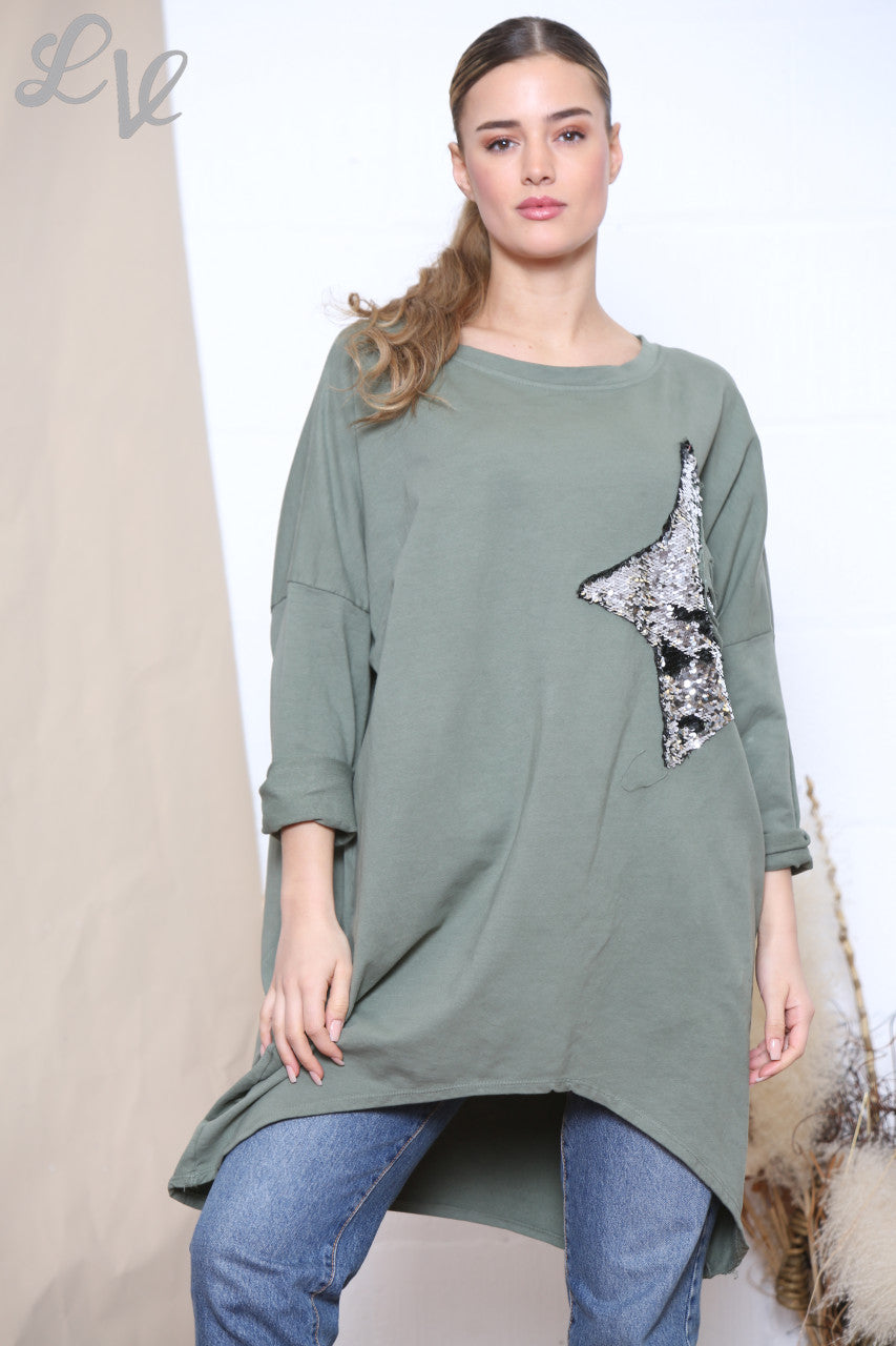 Ladies Sequin Star Patch Sweatshirt Top Khaki