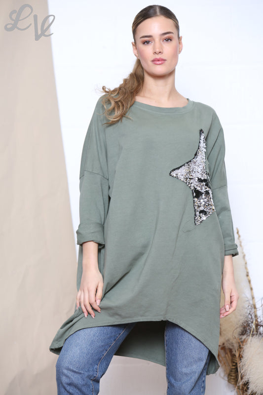 Dames Sequin Ster Patch Sweatshirt Top Kaki