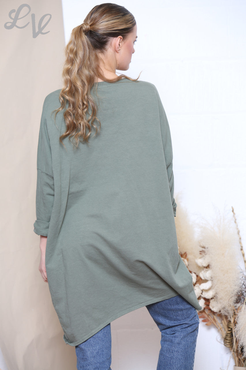Ladies Sequin Star Patch Sweatshirt Top Khaki
