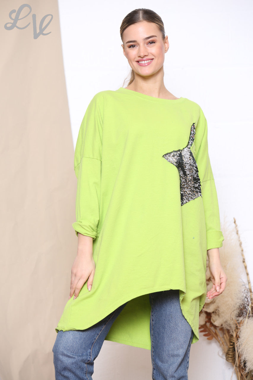 Dames sweatshirt met lovertjes sterapplicatie, limoengroen