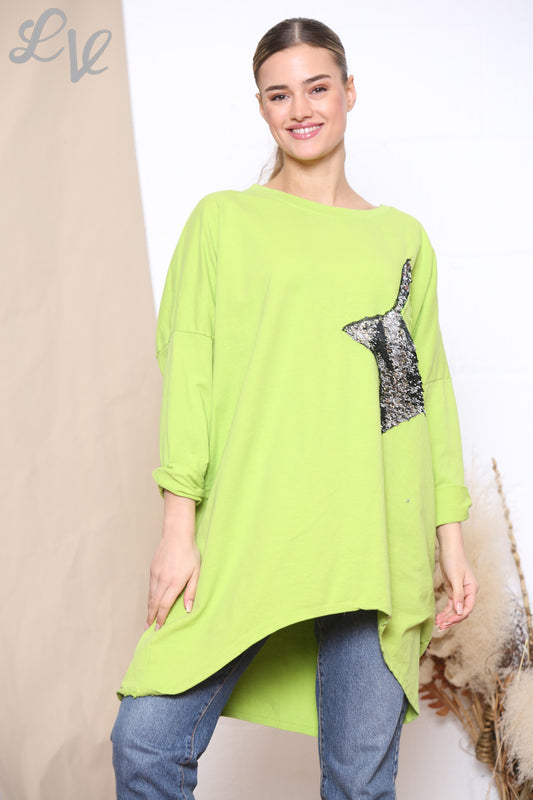 Dames sweatshirt met lovertjes sterapplicatie, limoengroen