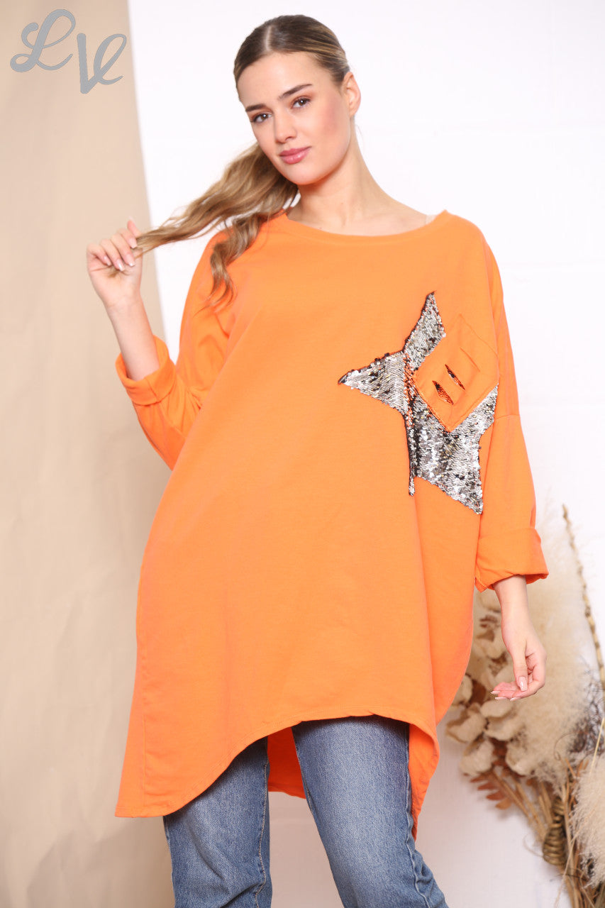 Dames Pailletten Ster Patch Sweatshirt Top Oranje