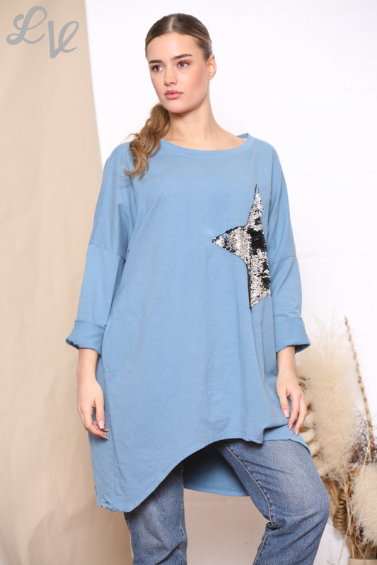 Dames Sequin Ster Patch Sweatshirt Top Denim