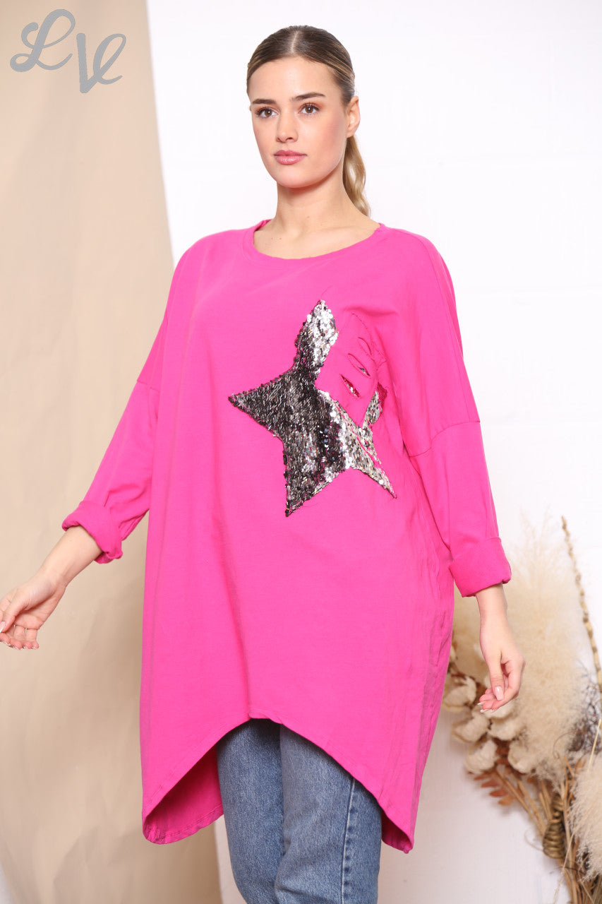 Dames pailletten ster patch sweatshirt top Cerise