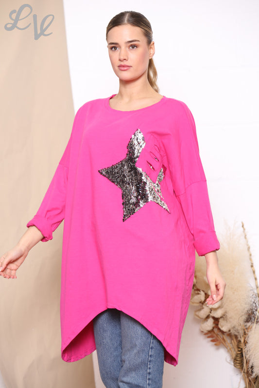 Dames pailletten ster patch sweatshirt top Cerise