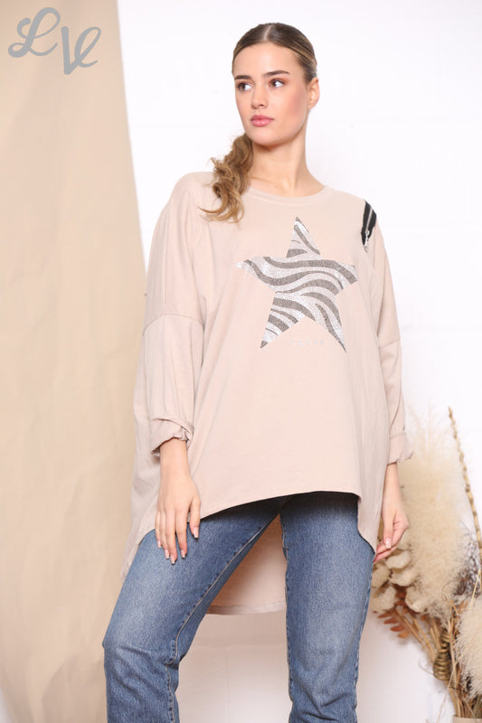 Ladies Sequin Star Zip Shoulder Sweatshirt Top Dusty Pink