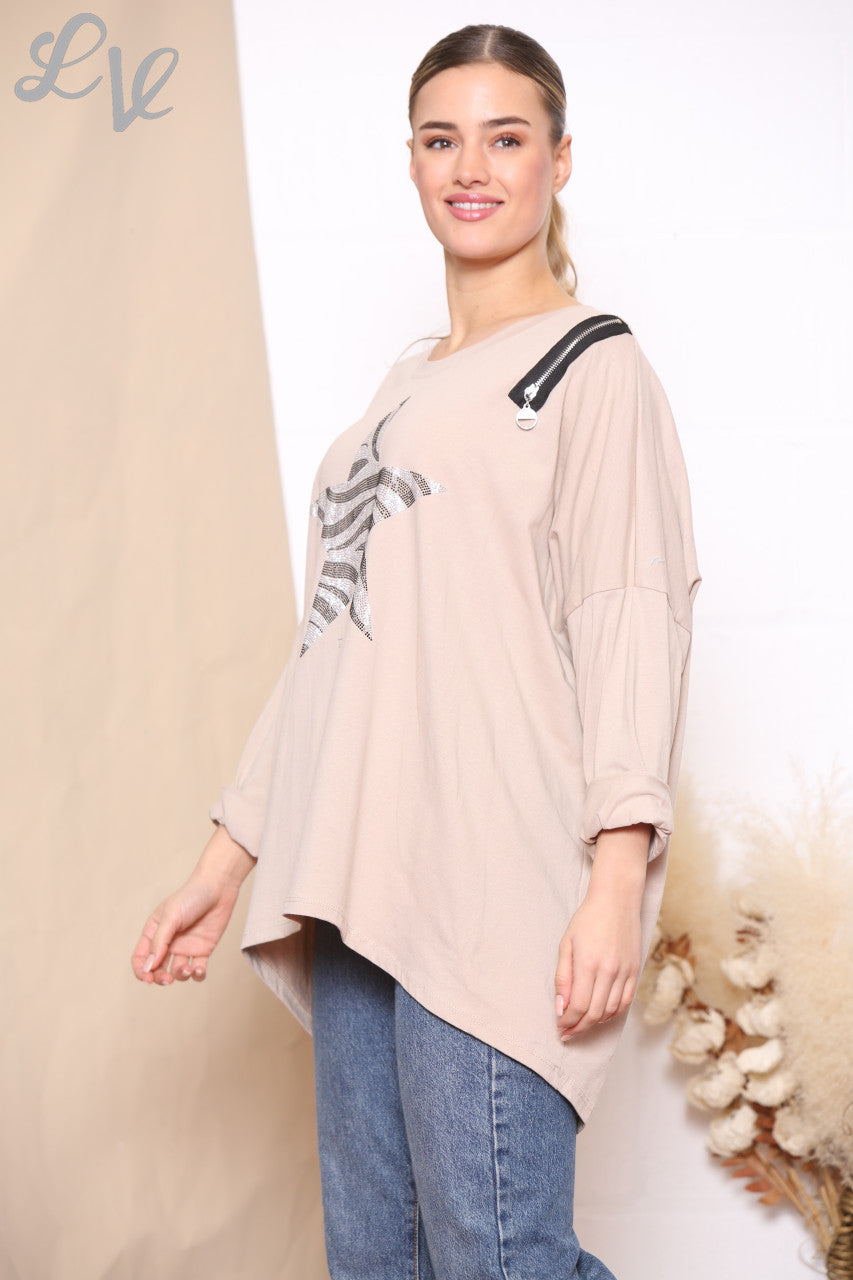 Dames Sequin Ster Ritssluiting Schouder Sweatshirt Top Stoffig Roze