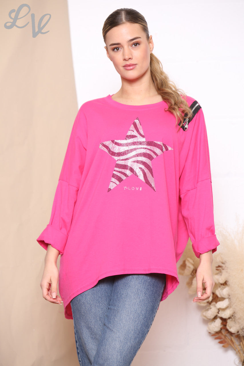 Ladies Sequin Star Zip Shoulder Sweatshirt Top Cerise