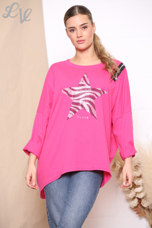 Ladies Sequin Star Zip Shoulder Sweatshirt Top Cerise