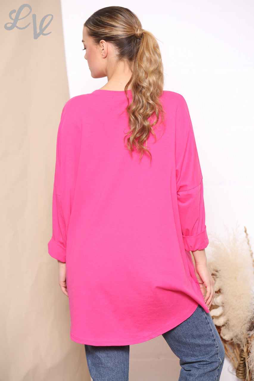 Ladies Sequin Star Zip Shoulder Sweatshirt Top Cerise