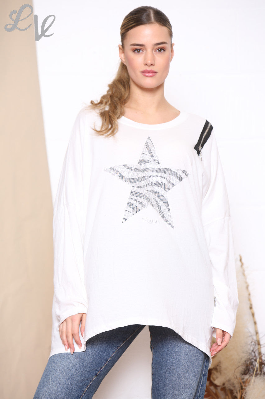 Ladies Sequin Star Zip Shoulder Sweatshirt Top White