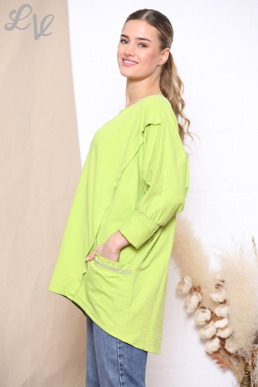 Ladies Glitter Pocket Sweatshirt Top Lime