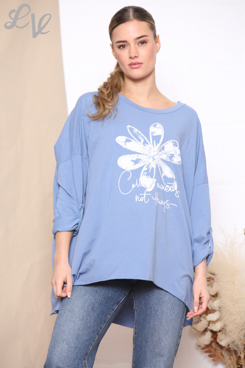 Ladies Flower Print 'Collect Moments Not Things' Top Denim