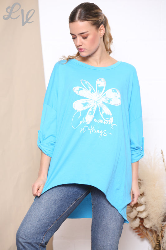 Dames Top met Bloemenprint 'Collect Moments Not Things' Turkoois