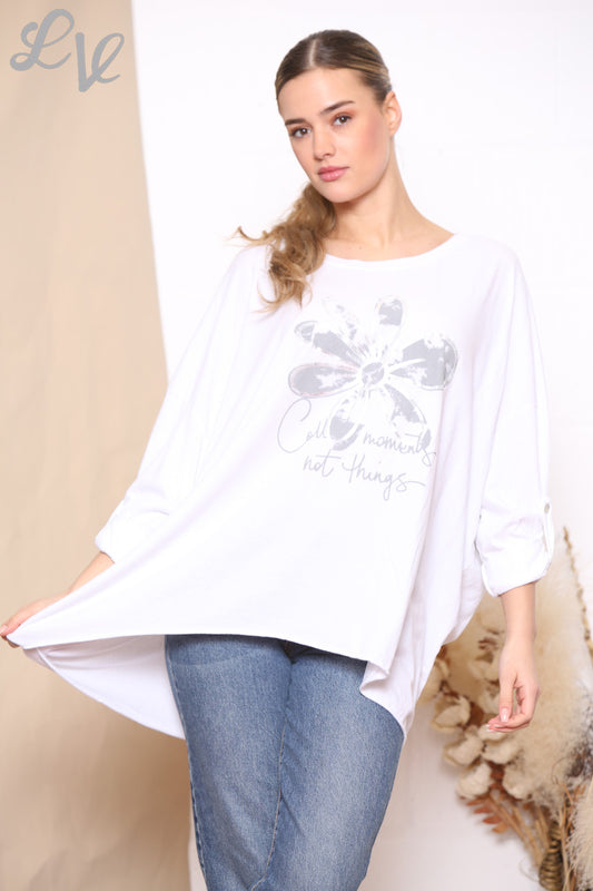 Dames Top met Bloemenprint 'Collect Moments Not Things' Wit