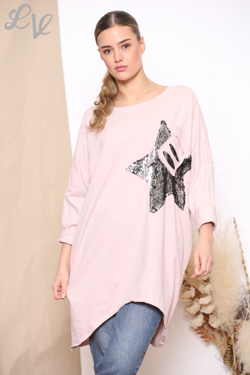 Ladies Sequin Star Patch Sweatshirt Top Dusty Pink