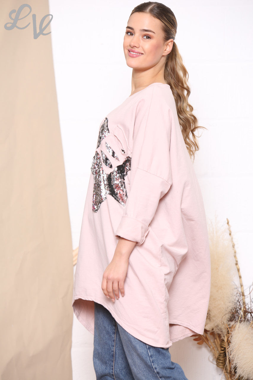 Ladies Sequin Star Patch Sweatshirt Top Dusty Pink