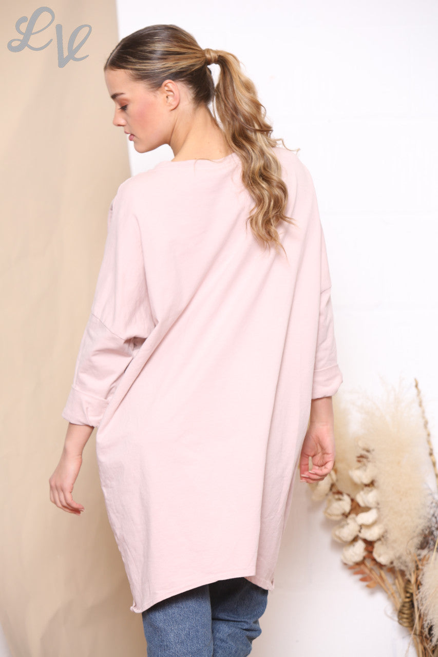 Ladies Sequin Star Patch Sweatshirt Top Dusty Pink
