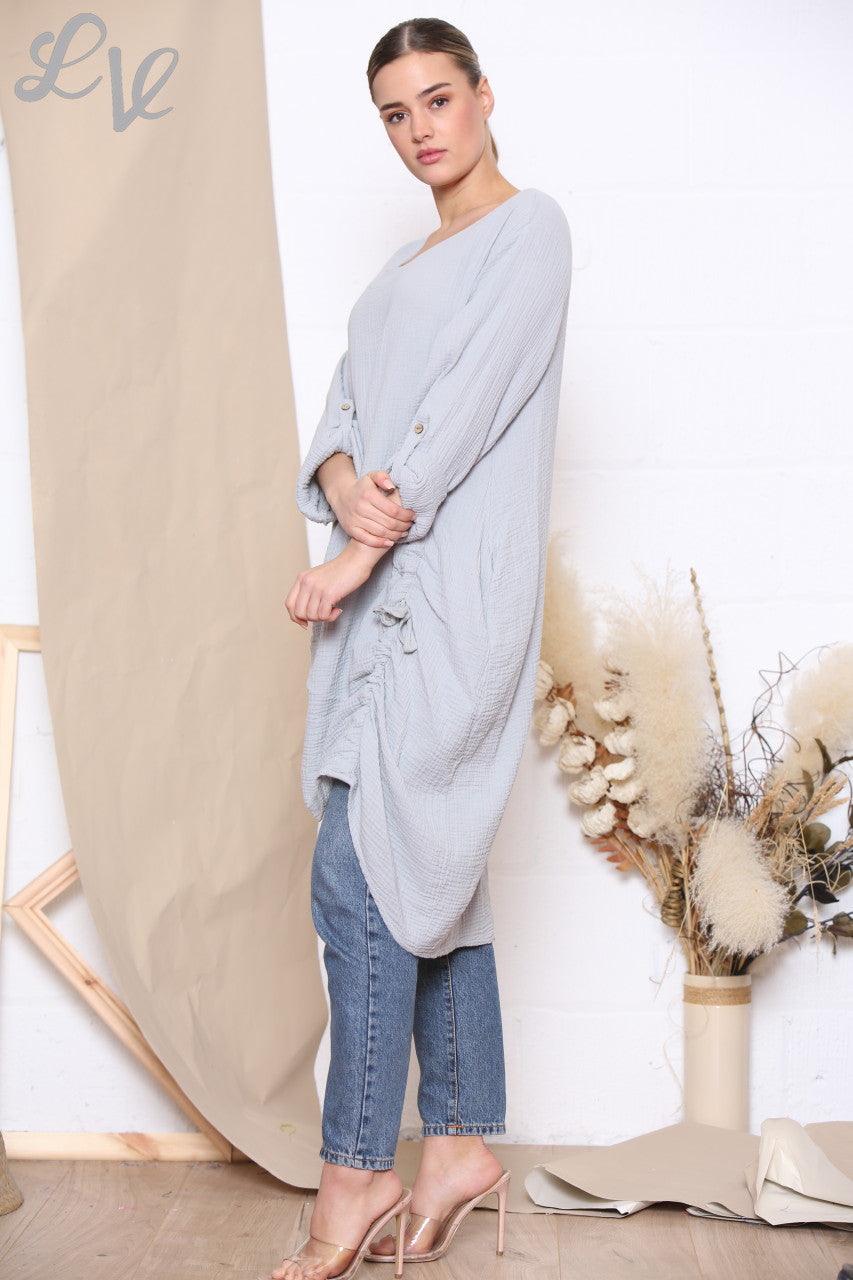 Ladies Drawstring Hem Tunic Top Dress Silver