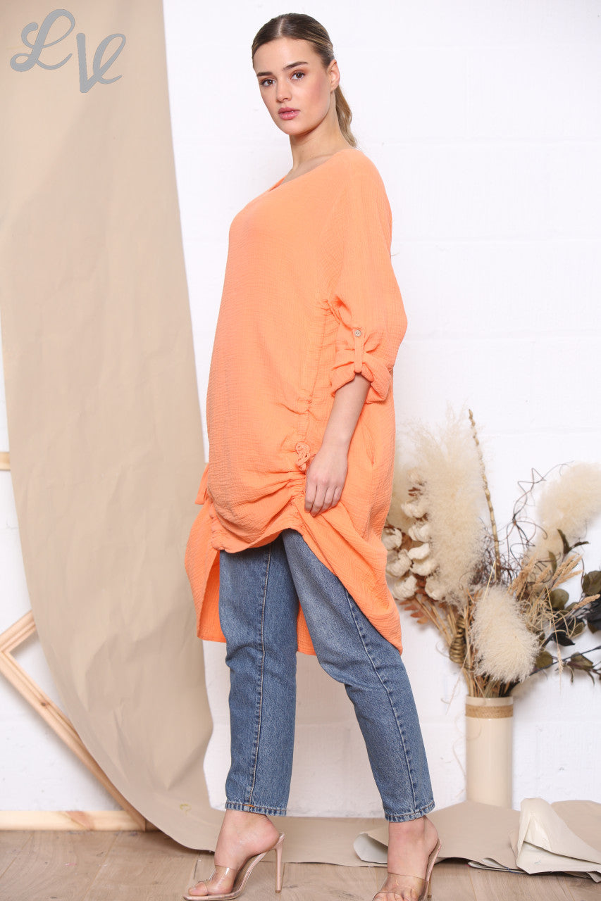 Ladies Drawstring Hem Tunic Top Dress Coral