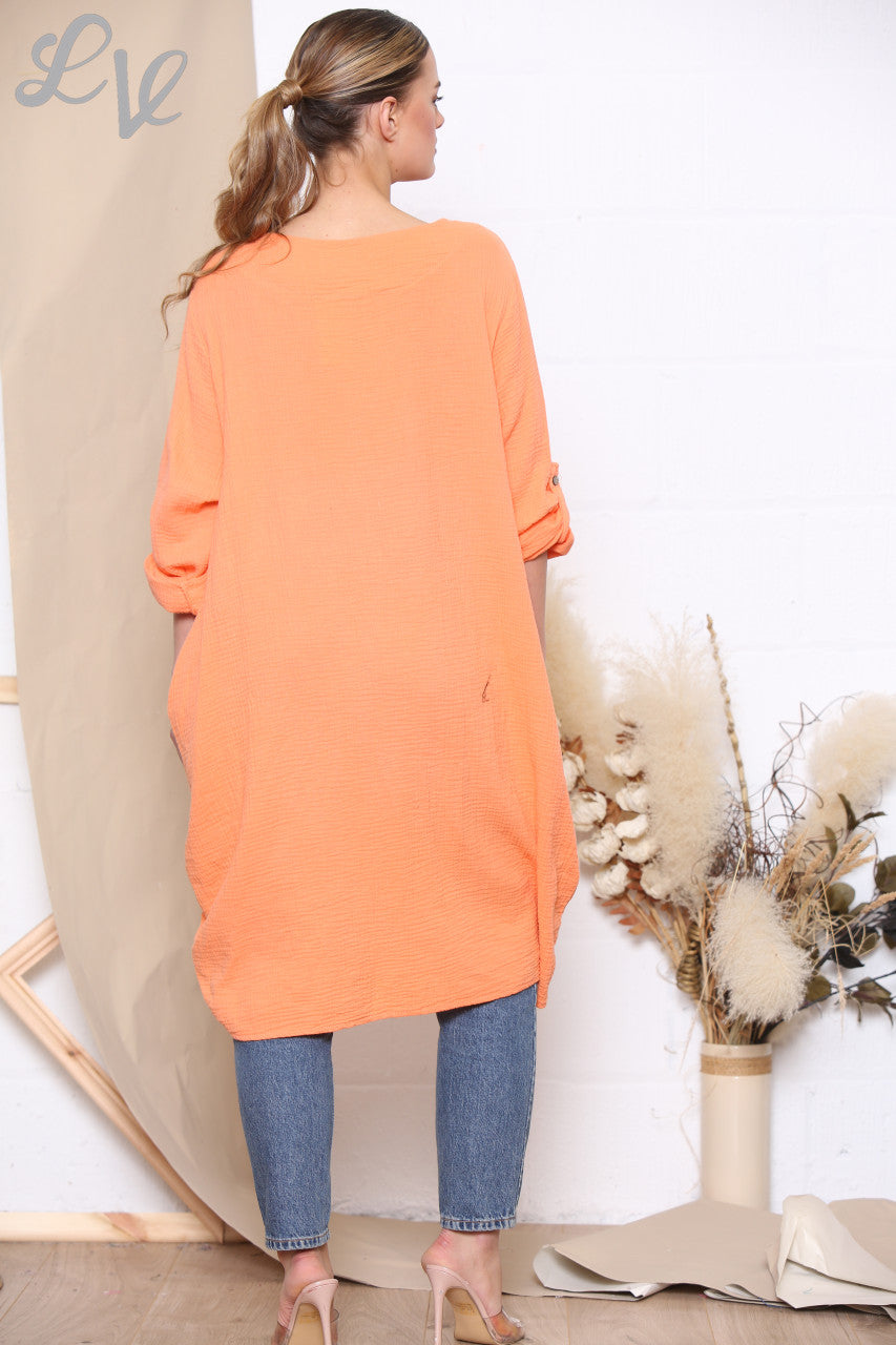 Ladies Drawstring Hem Tunic Top Dress Coral