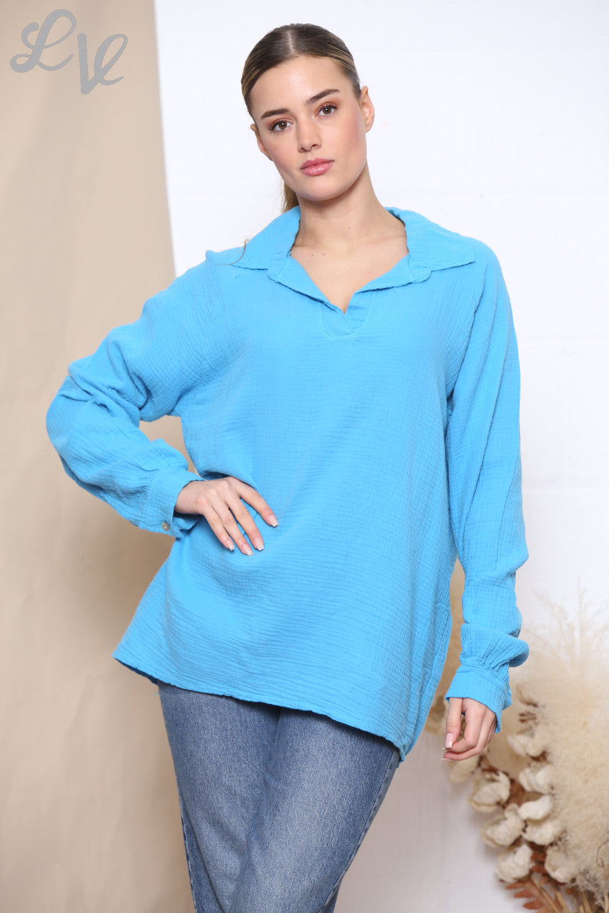 Ladies Relaxed Collar Shirt Top Turquoise