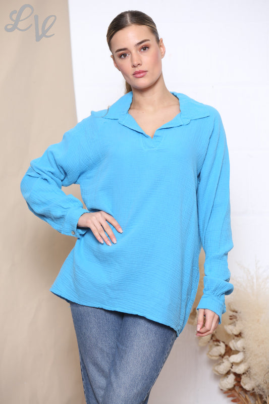 Ladies Relaxed Collar Shirt Top Turquoise