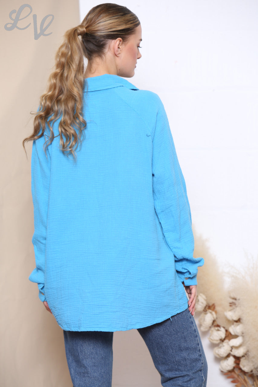Ladies Relaxed Collar Shirt Top Turquoise