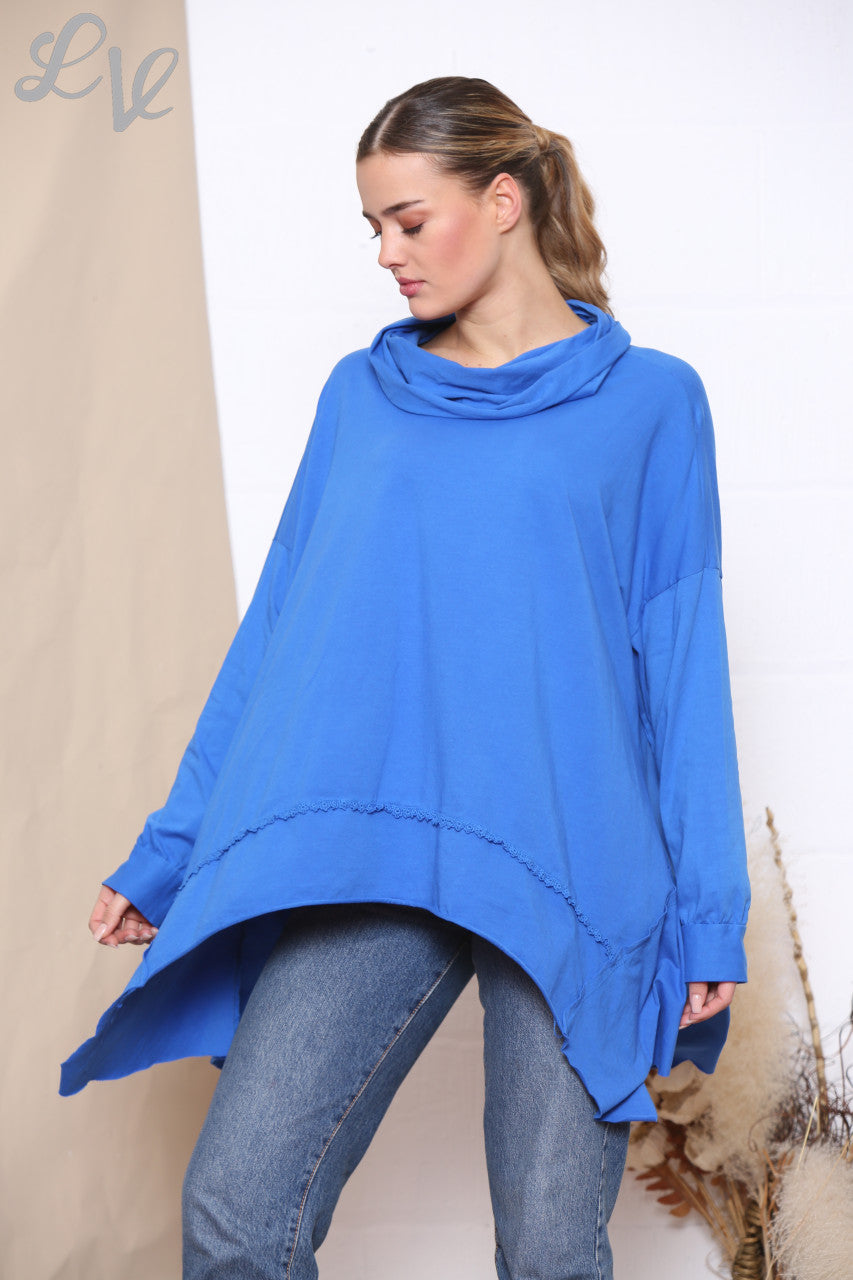 Dames Sweatshirt Top met Couperende Col en Drapage Koningsblauw