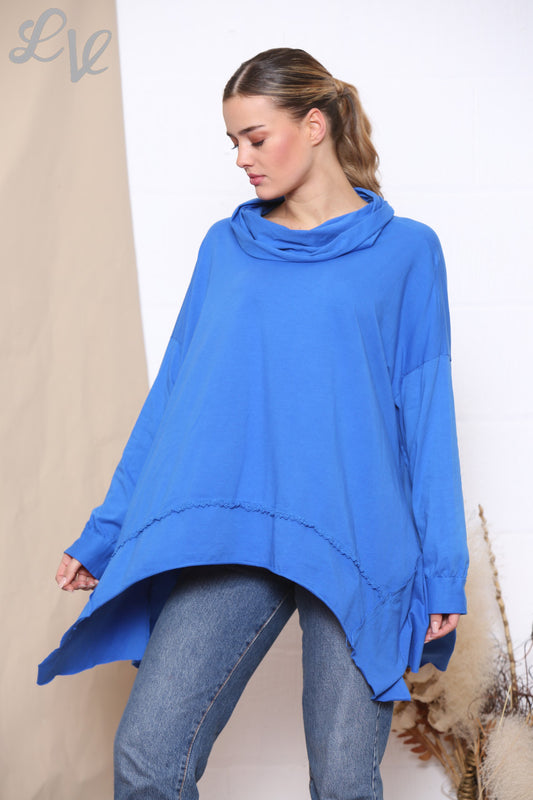 Dames Sweatshirt Top met Couperende Col en Drapage Koningsblauw