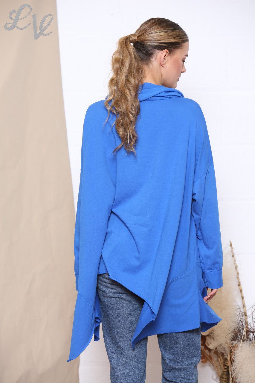 Dames Sweatshirt Top met Couperende Col en Drapage Koningsblauw