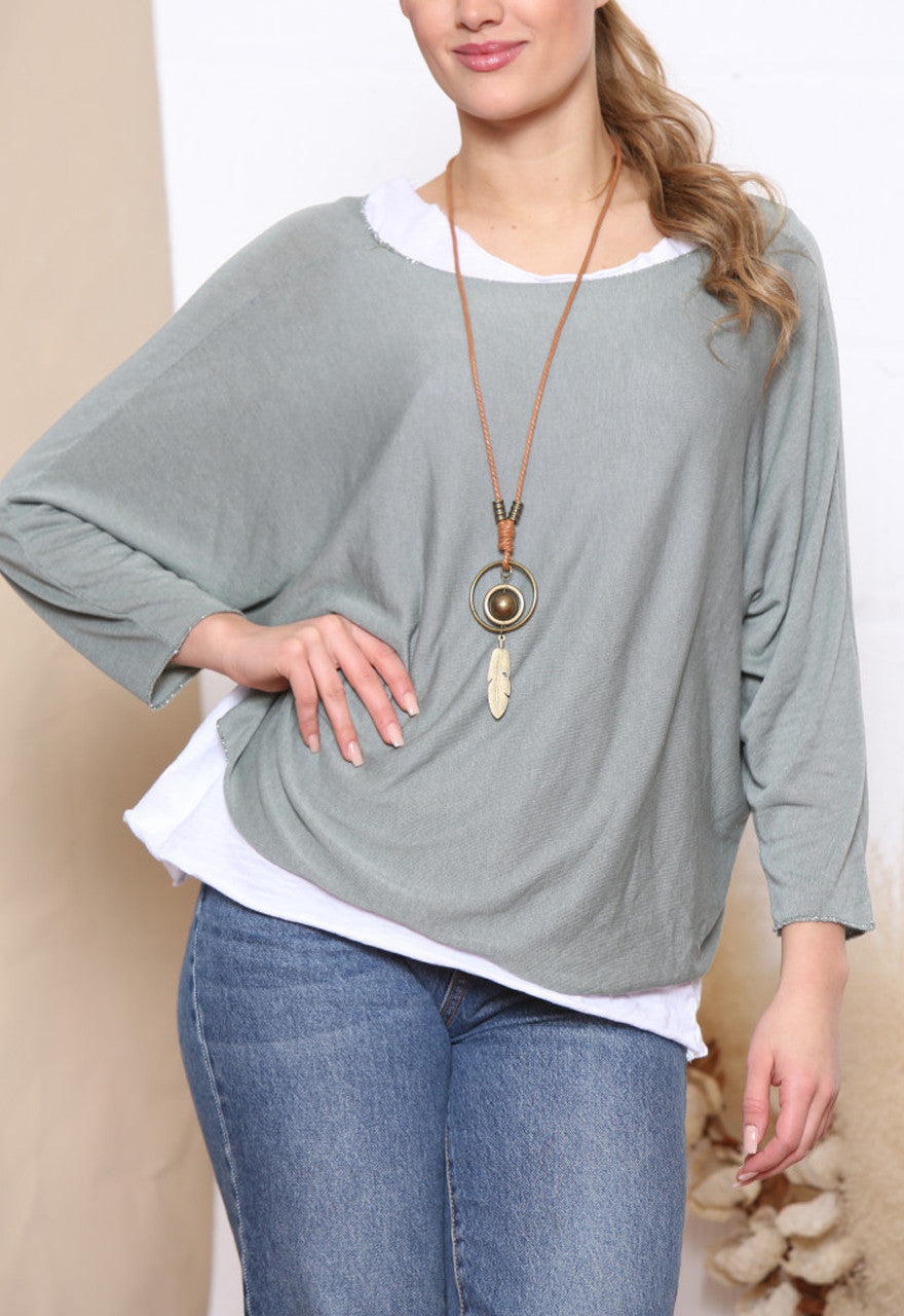 EFFEN TWEELAAGSE TOP MET KETTING - KHAKI