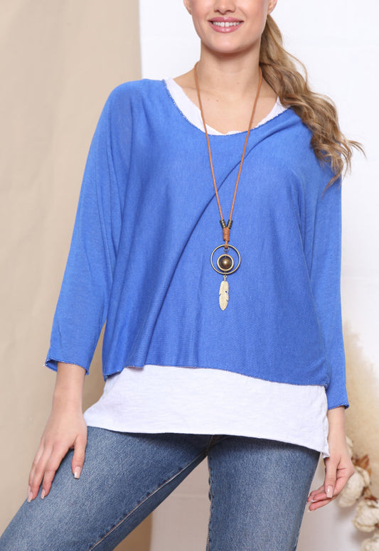 PLAIN 2 LAYER TOP WITH NECKLACE - ROYAL BLUE