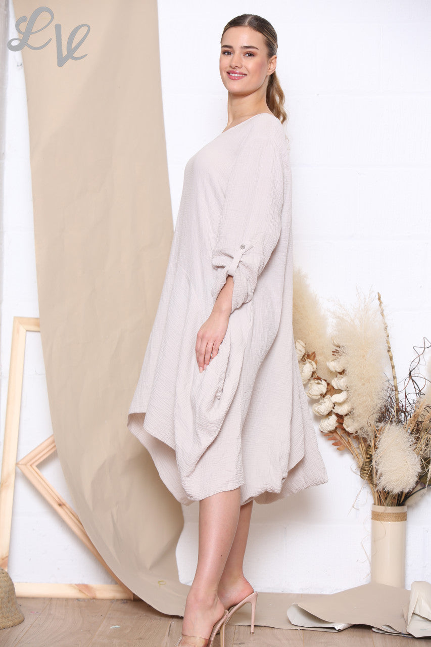 Ladies Relaxed Draped Dress Tunic Top Stone