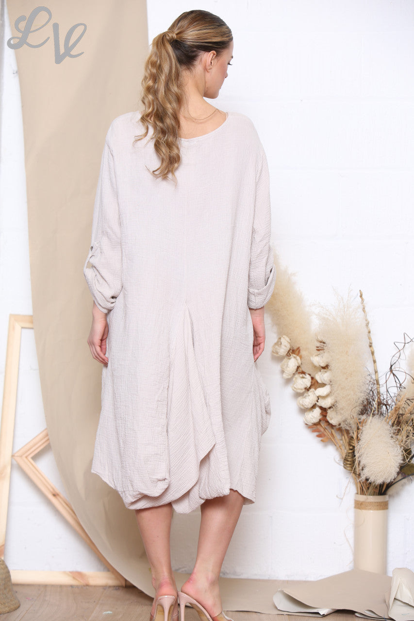 Ladies Relaxed Draped Dress Tunic Top Stone
