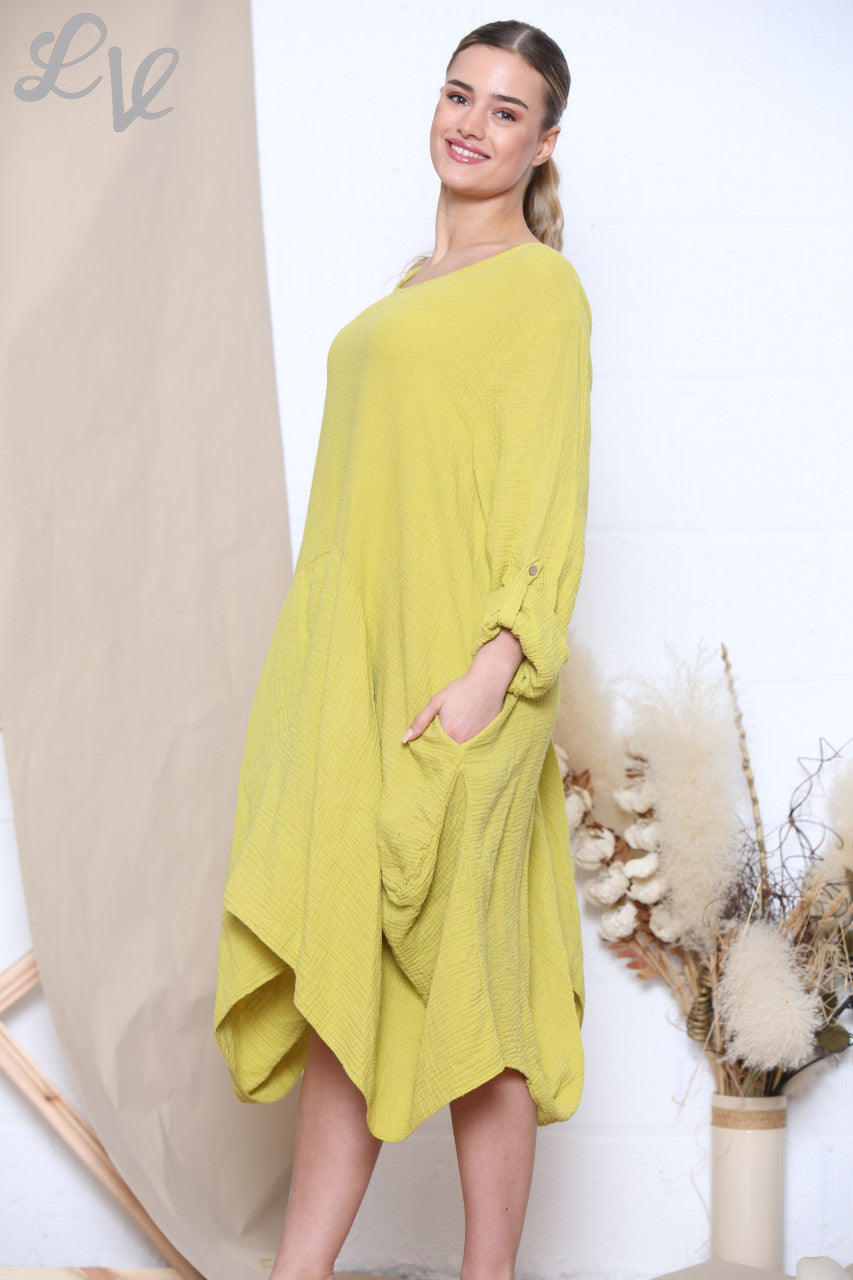 Ladies Relaxed Draped Dress Tunic Top Mustard