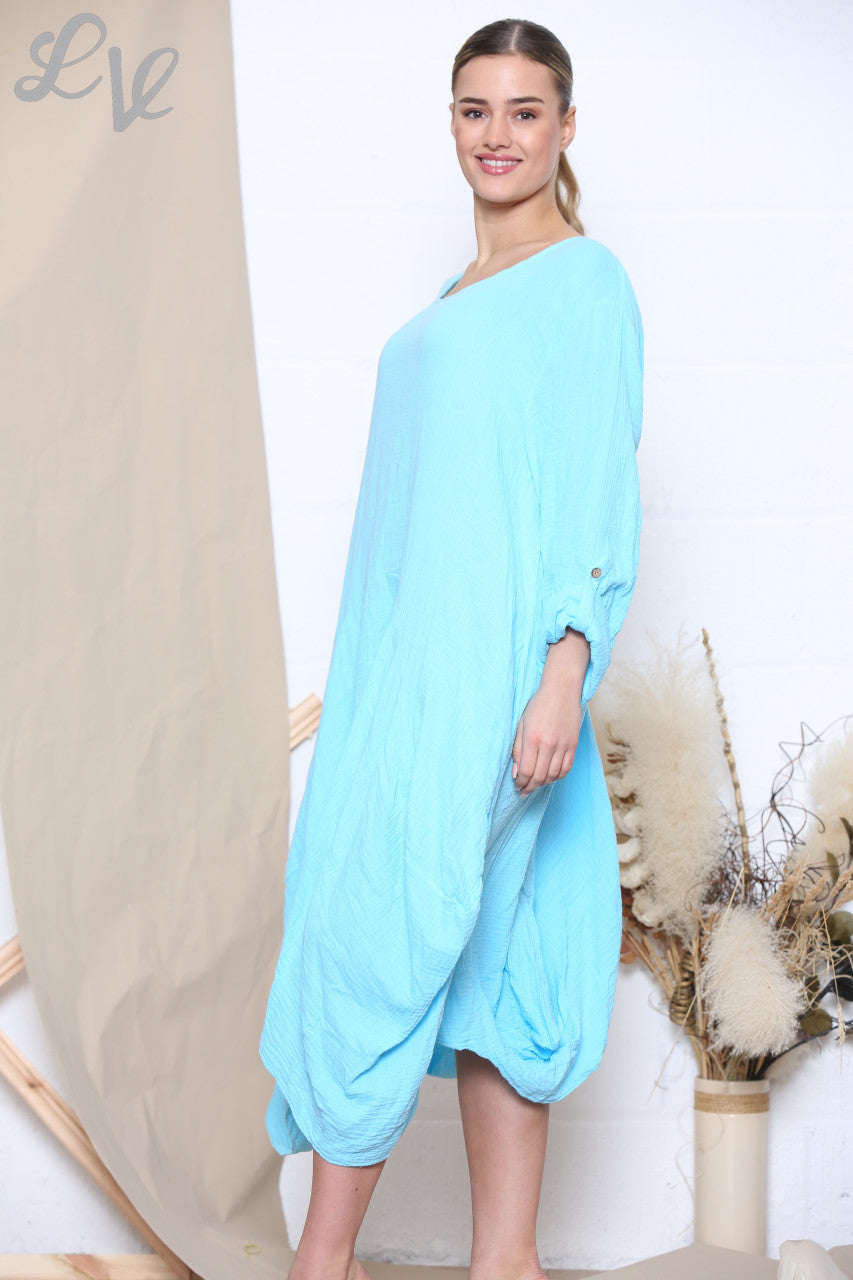 Ladies Relaxed Draped Dress Tunic Top Turquoise