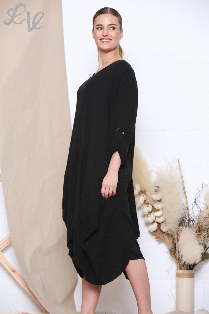Dames Relaxed Gedrapeerde Jurk Tuniek Top Zwart