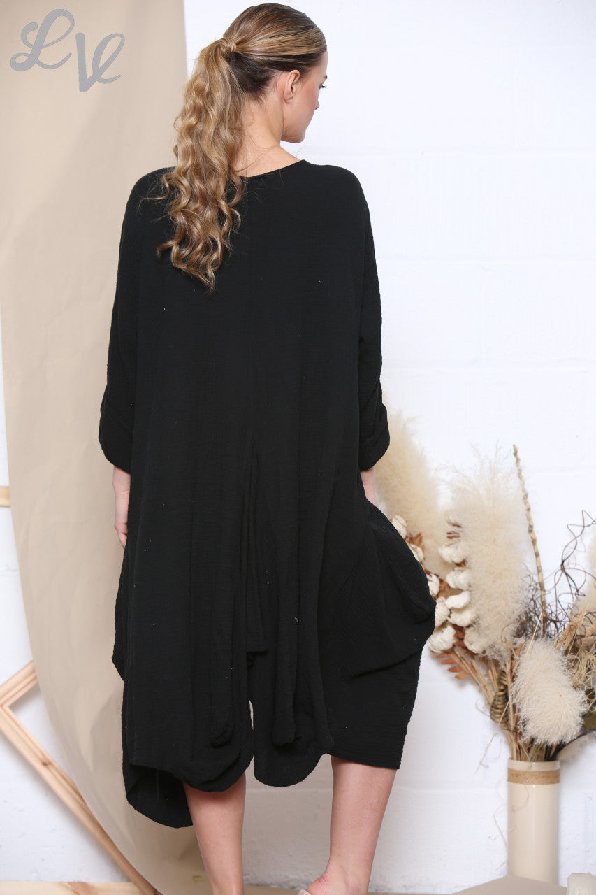 Dames Relaxed Gedrapeerde Jurk Tuniek Top Zwart