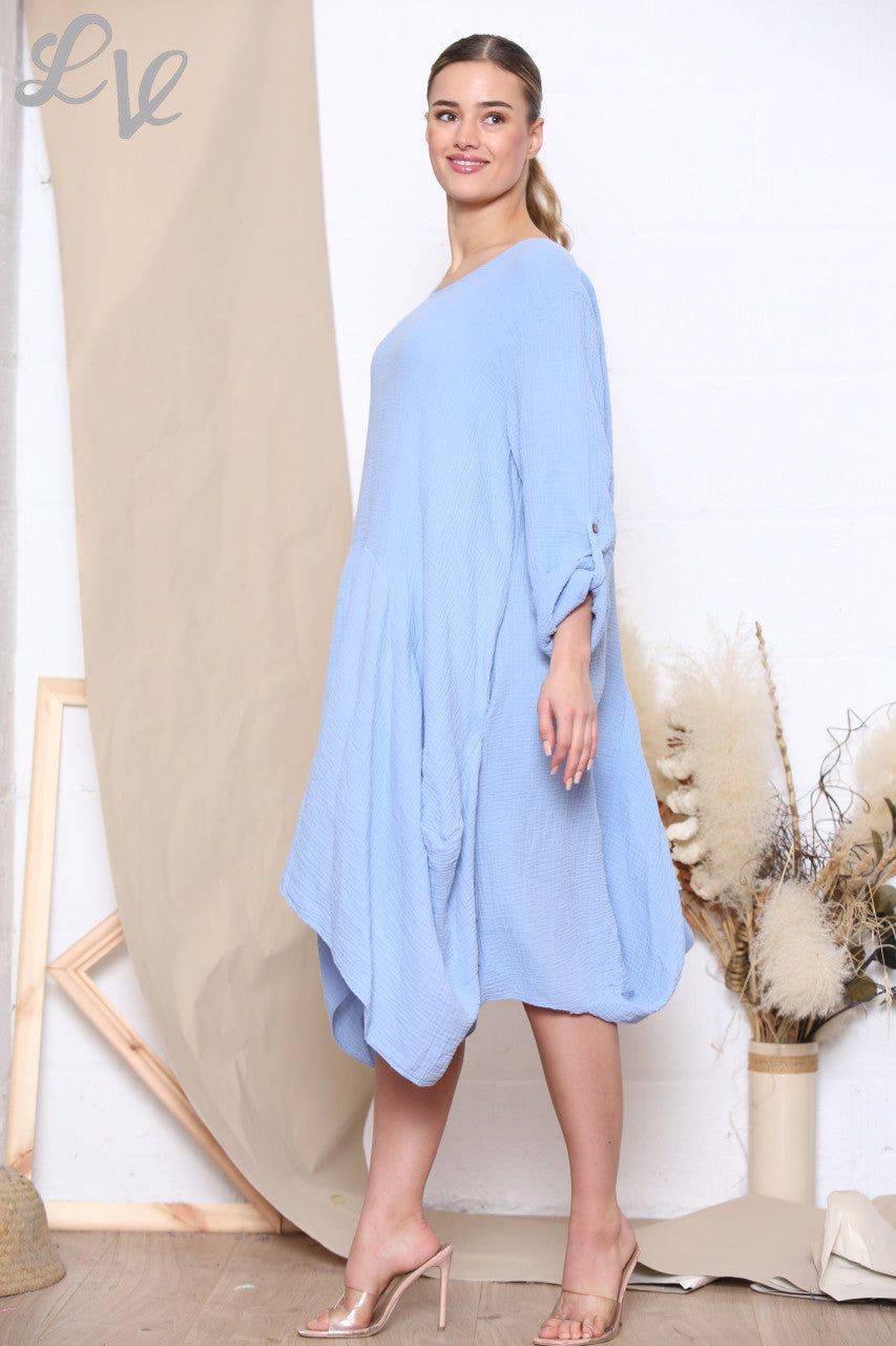 Ladies Relaxed Draped Dress Tunic Top Light Blue