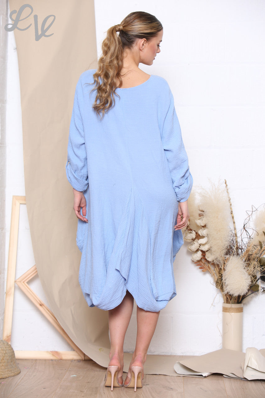 Ladies Relaxed Draped Dress Tunic Top Light Blue