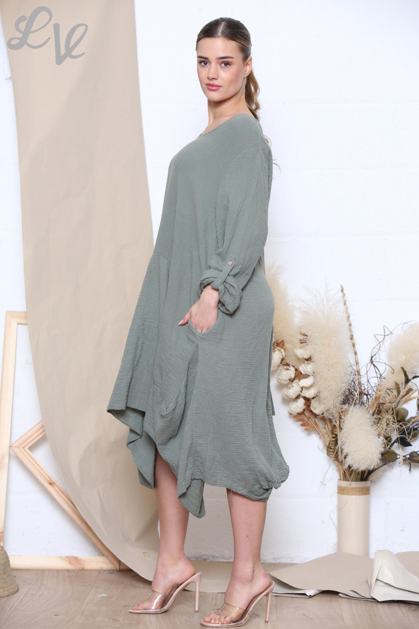 Ladies Relaxed Draped Dress Tunic Top Khaki