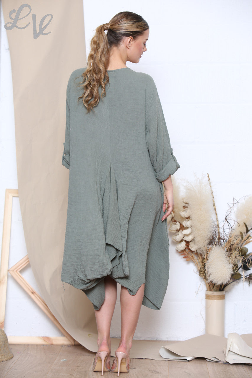 Ladies Relaxed Draped Dress Tunic Top Khaki