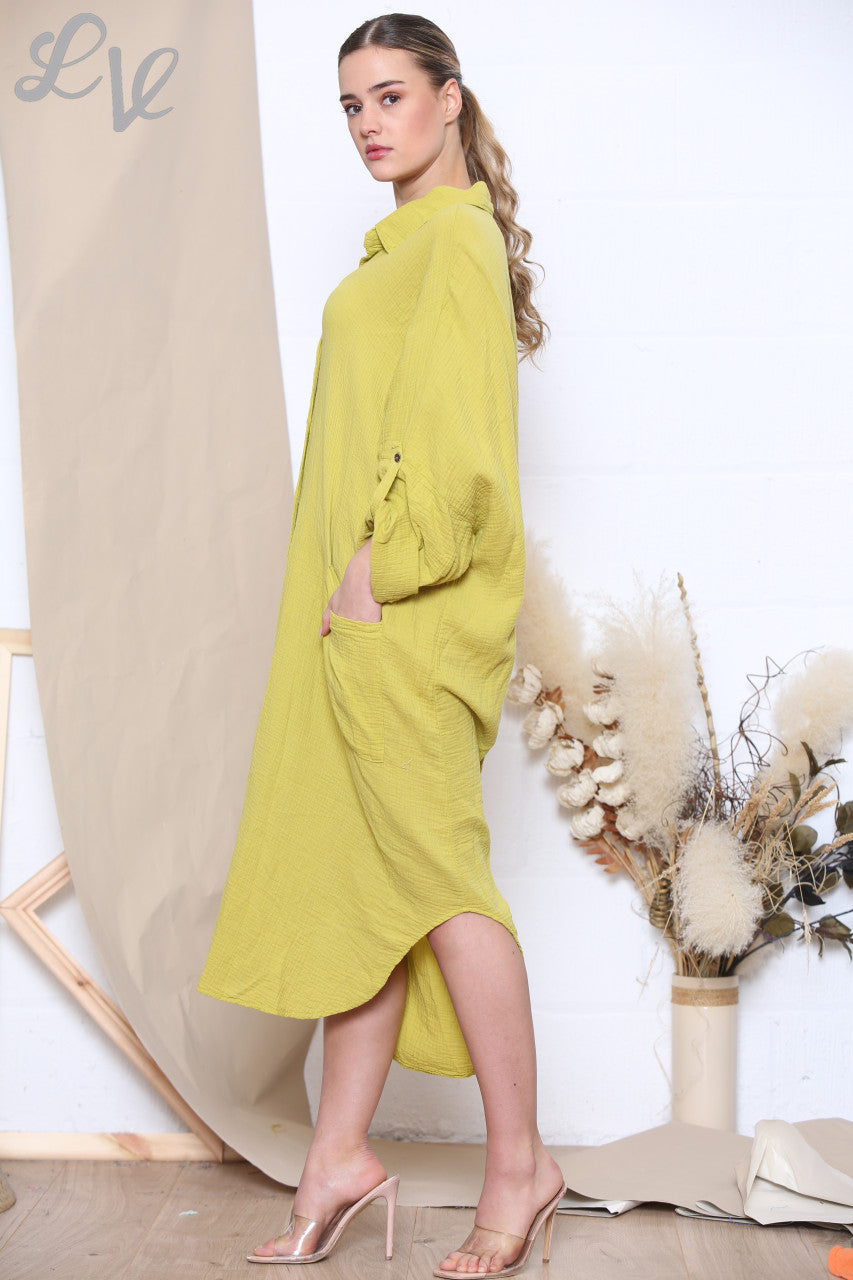 Dames Maxi Relaxed Overhemdjurk Mosterd