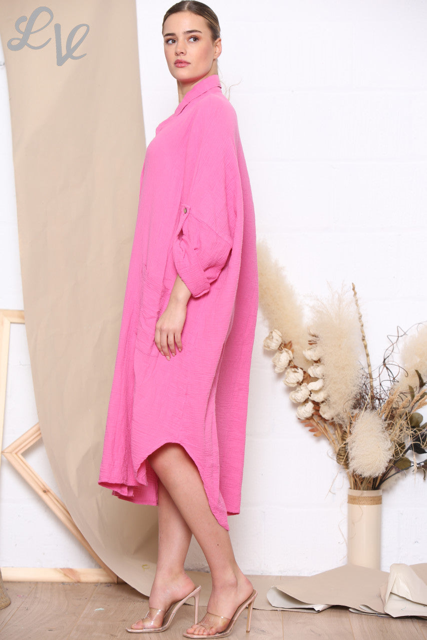 Ladies Maxi Relaxed Shirt Dress Cerise