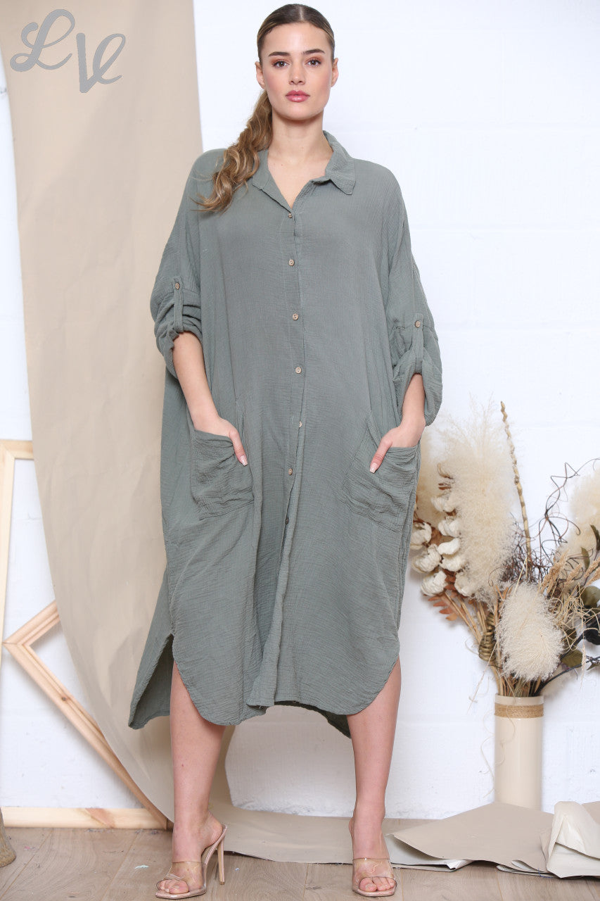 Dames Maxi Relaxed Overhemdjurk Kaki