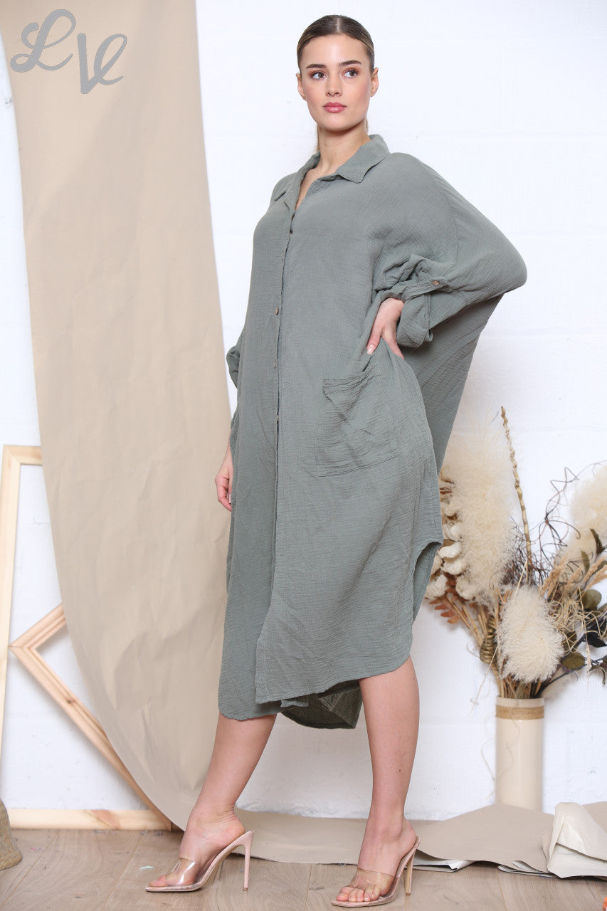 Dames Maxi Relaxed Overhemdjurk Kaki