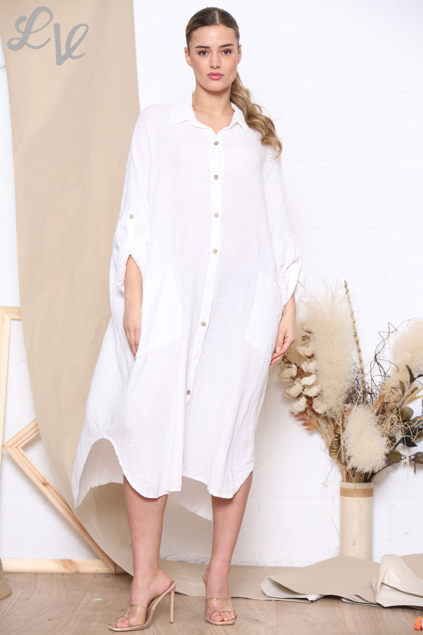 Ladies Maxi Relaxed Shirt Dress White